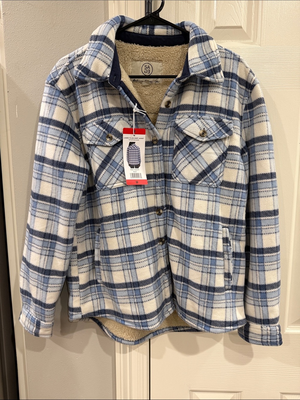 Sage Women’s Sz M Plush-Lined Plaid Jacket - Blue & White plaid NWT